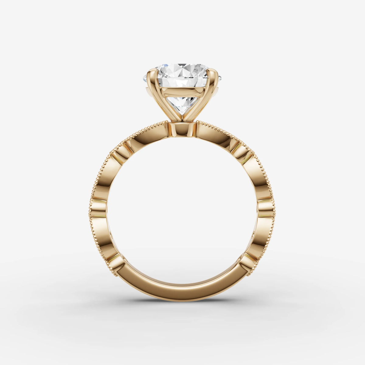 Heritage round diamond setting in gold, profile angle