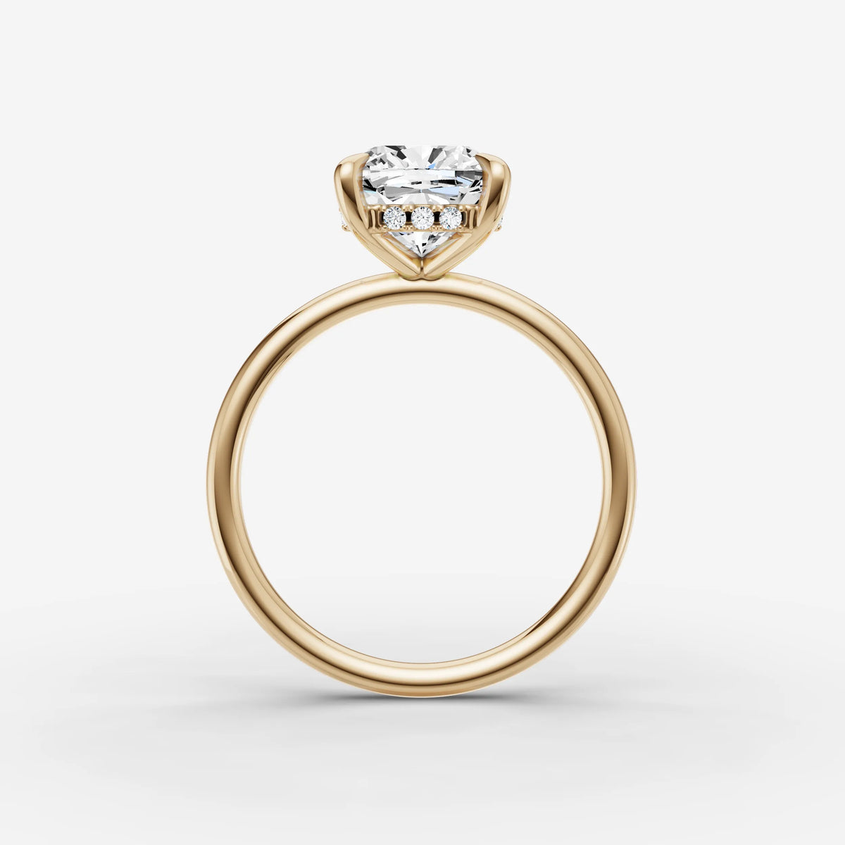 Mystere cushion diamond setting in gold, profile angle