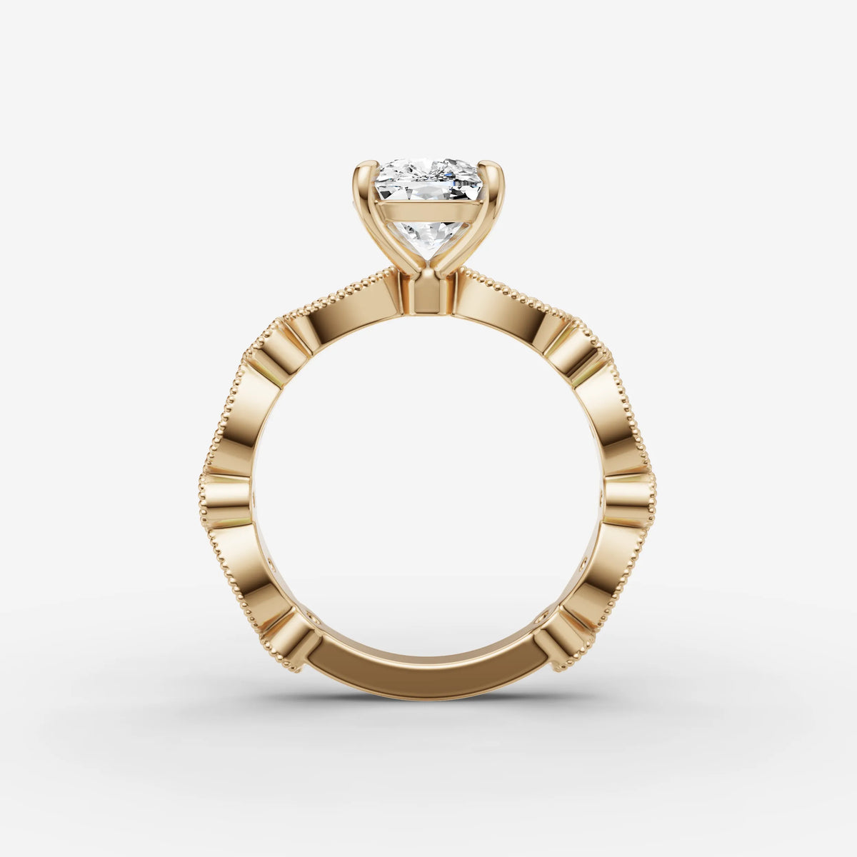 Heritage elongated cushion diamond setting in gold, profile angle