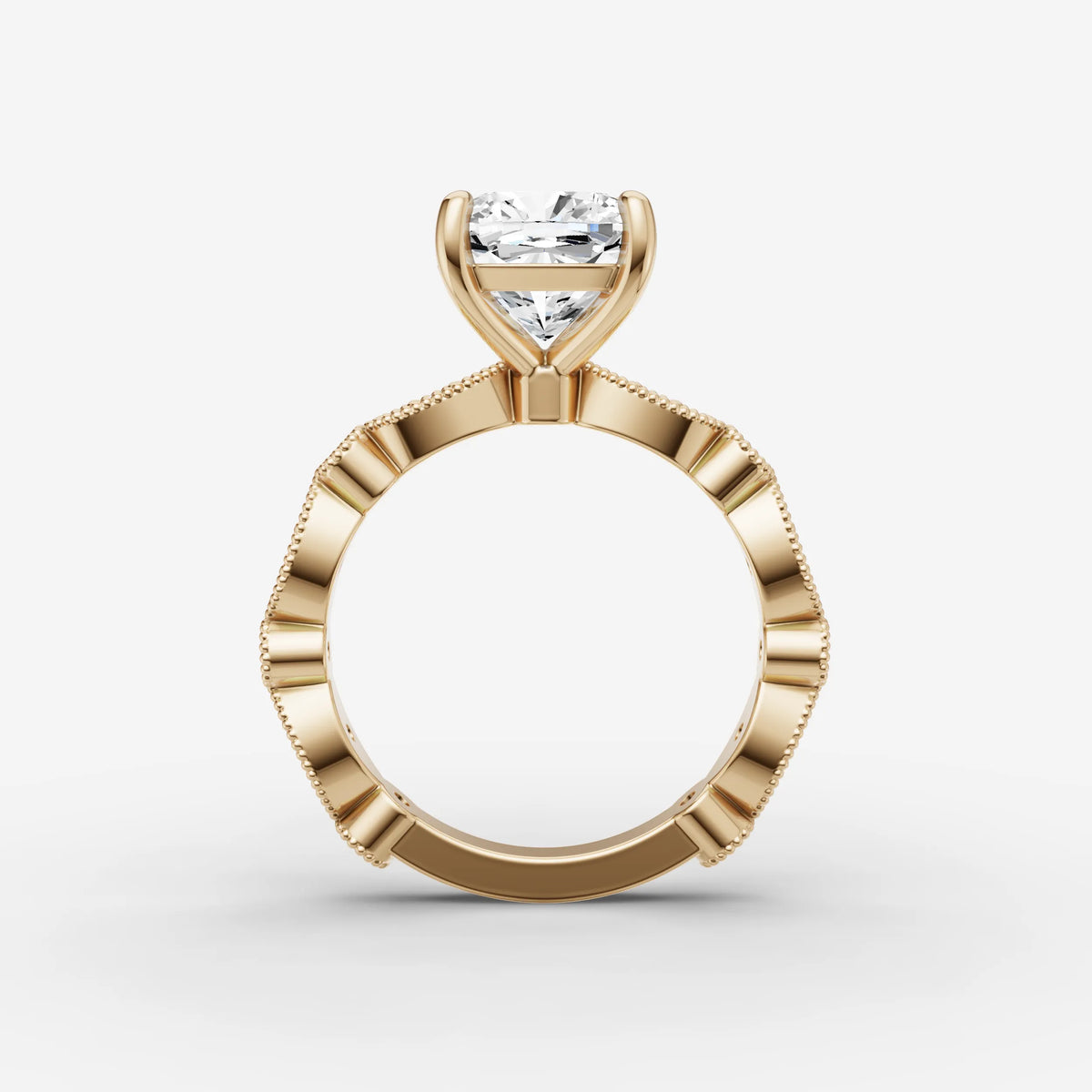 Heritage cushion diamond setting in gold, profile angle