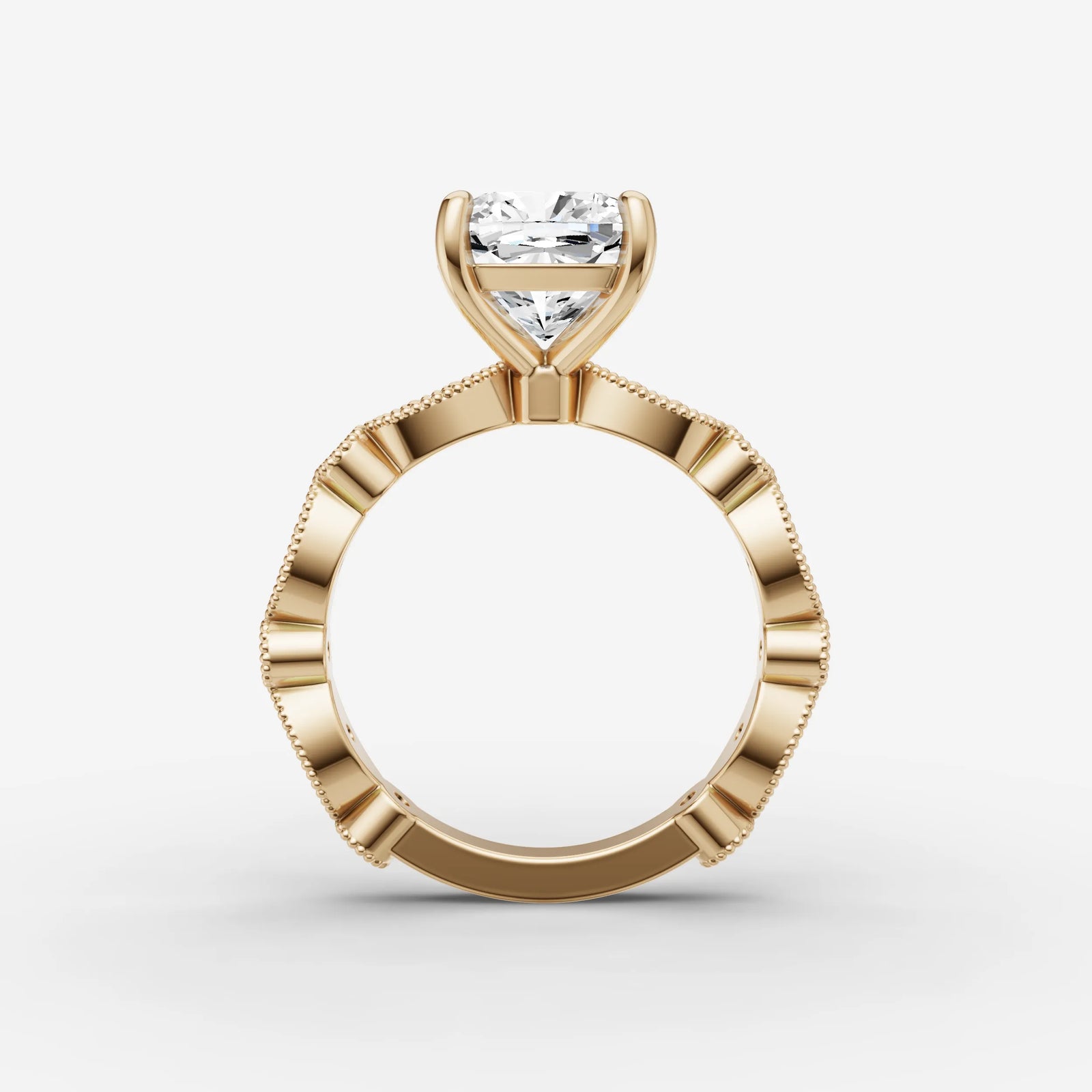 Heritage cushion diamond setting in gold, profile angle