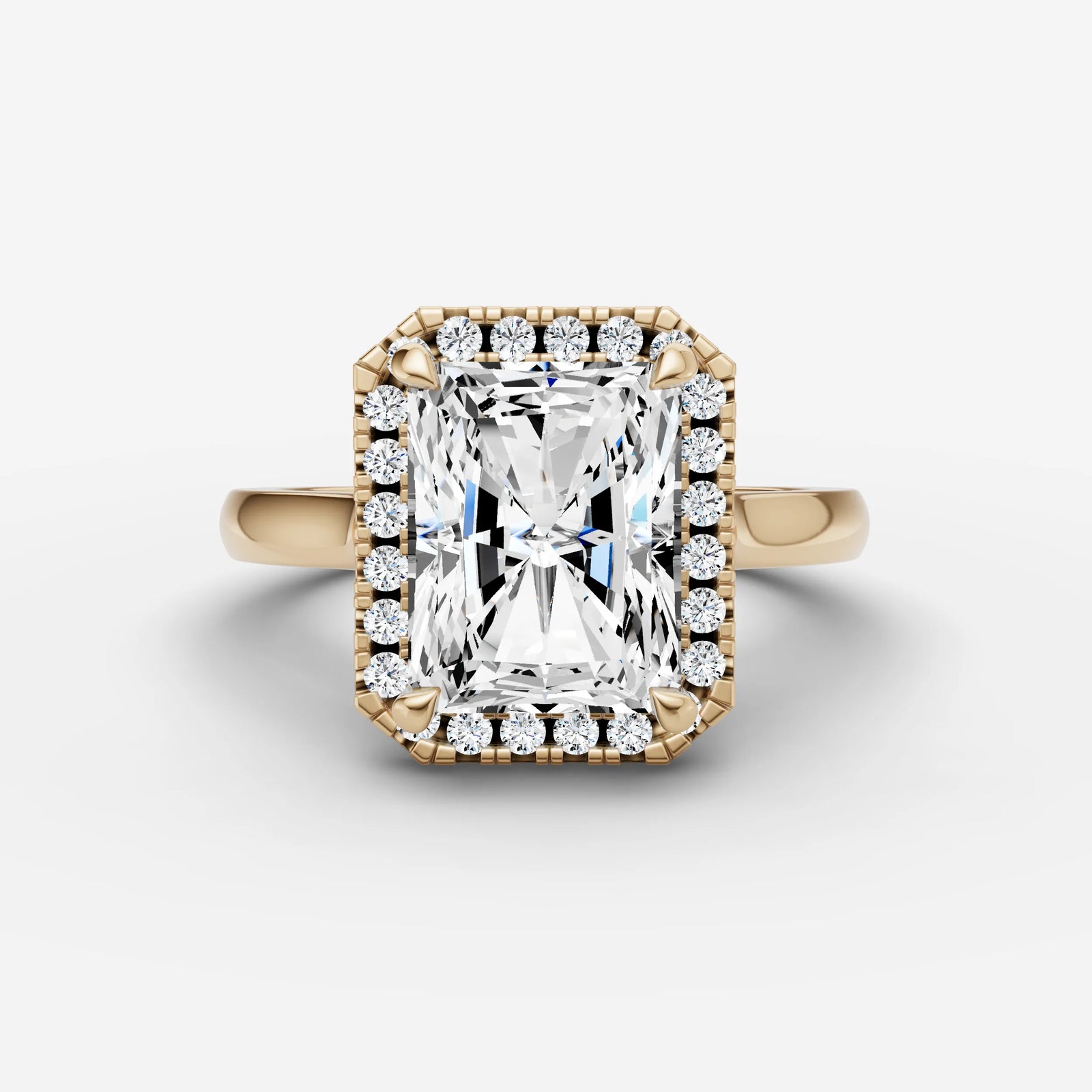 Aurore radiant diamond setting in gold, front view