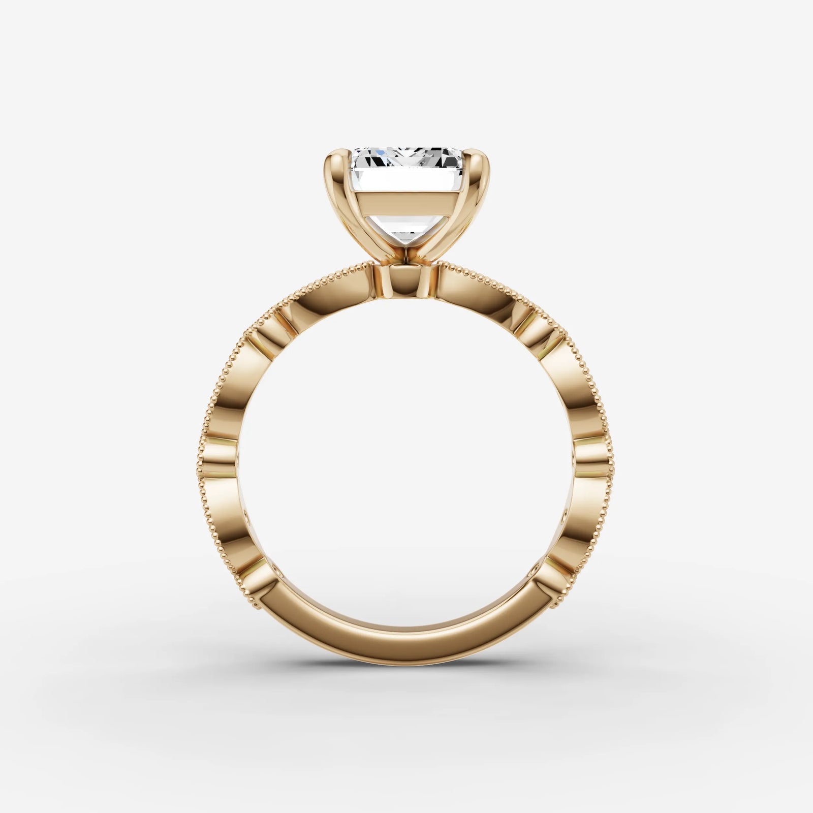 Heritage emerald diamond setting in gold, profile angle