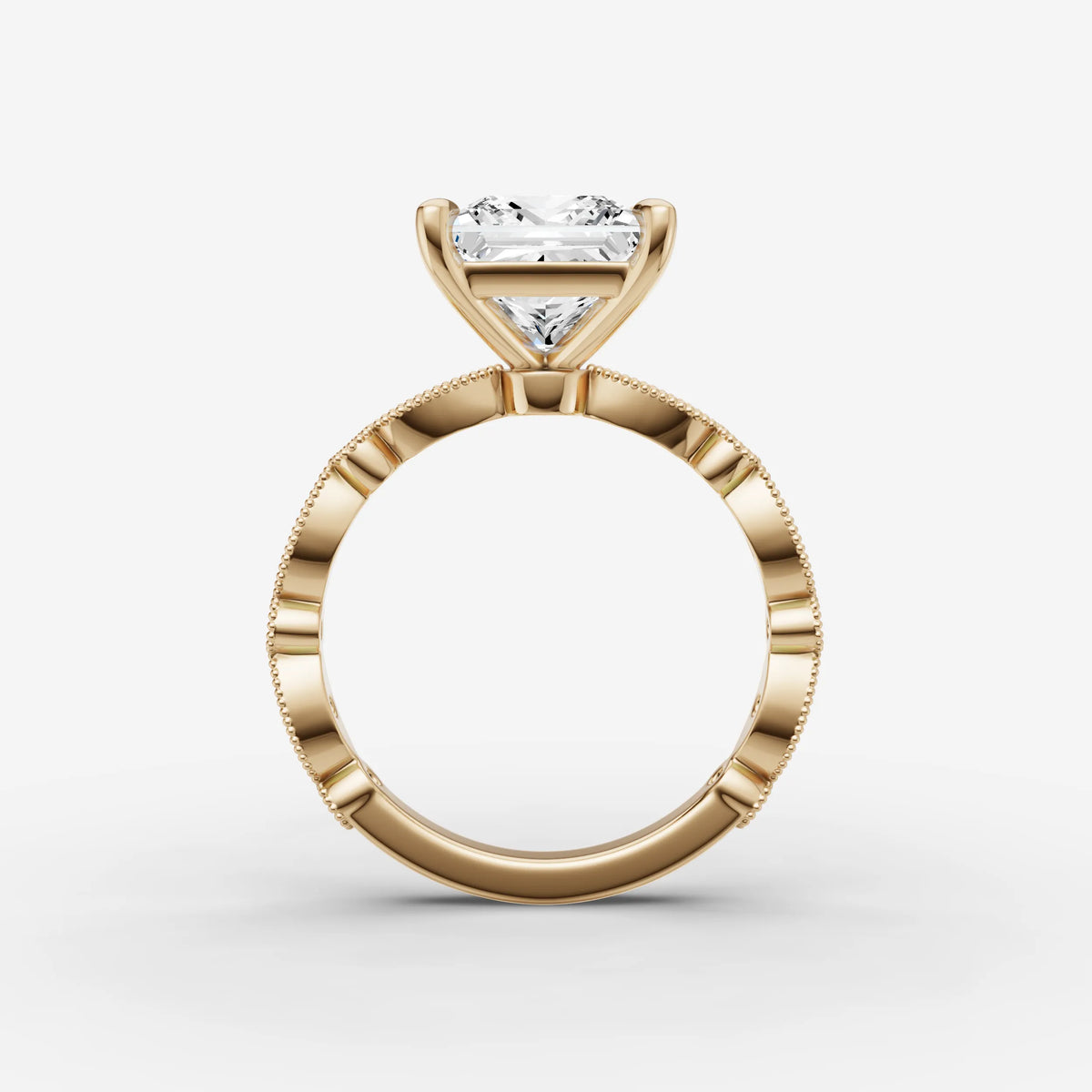 Heritage princess diamond setting in gold, profile angle
