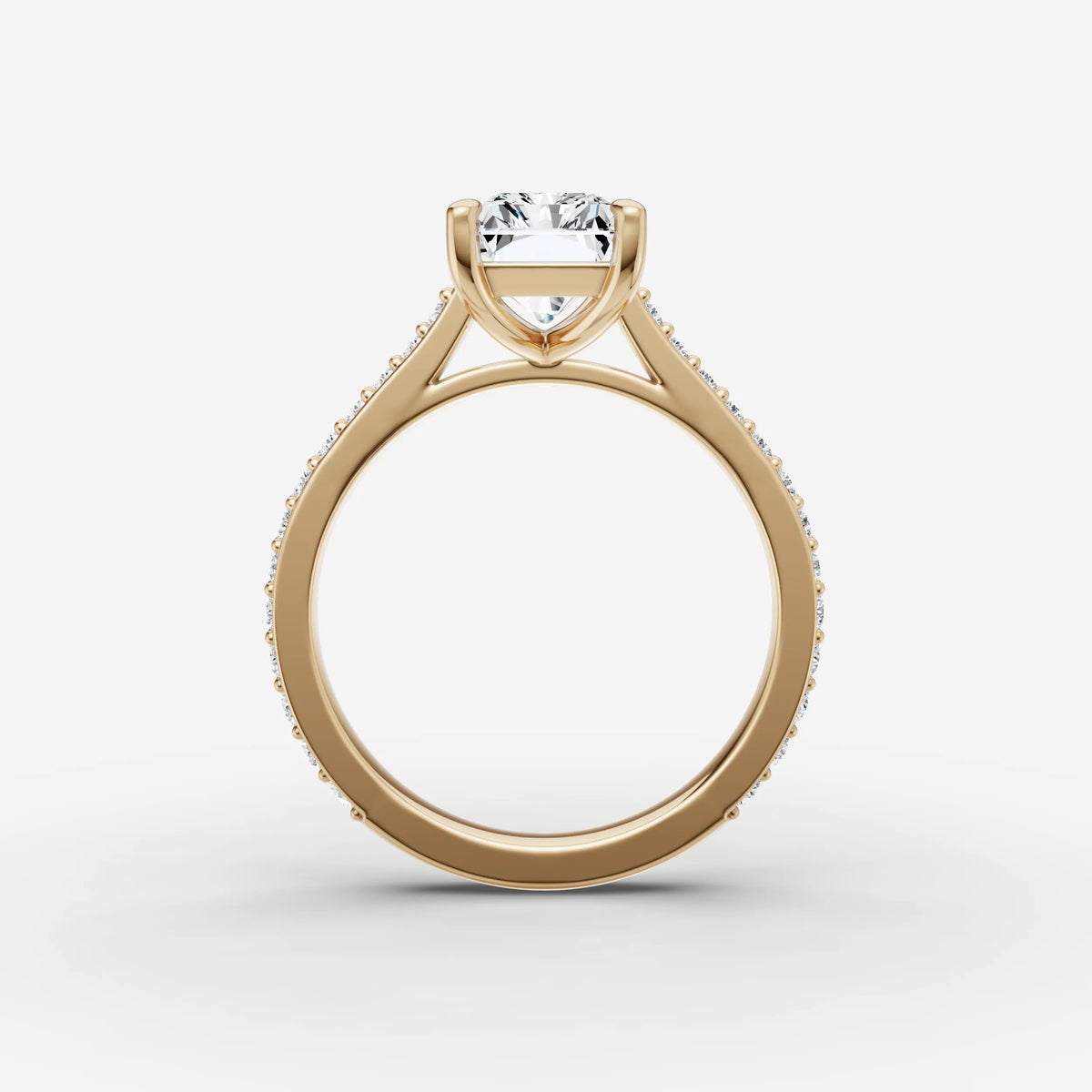 Cathedrale radiant diamond setting in gold, profile angle