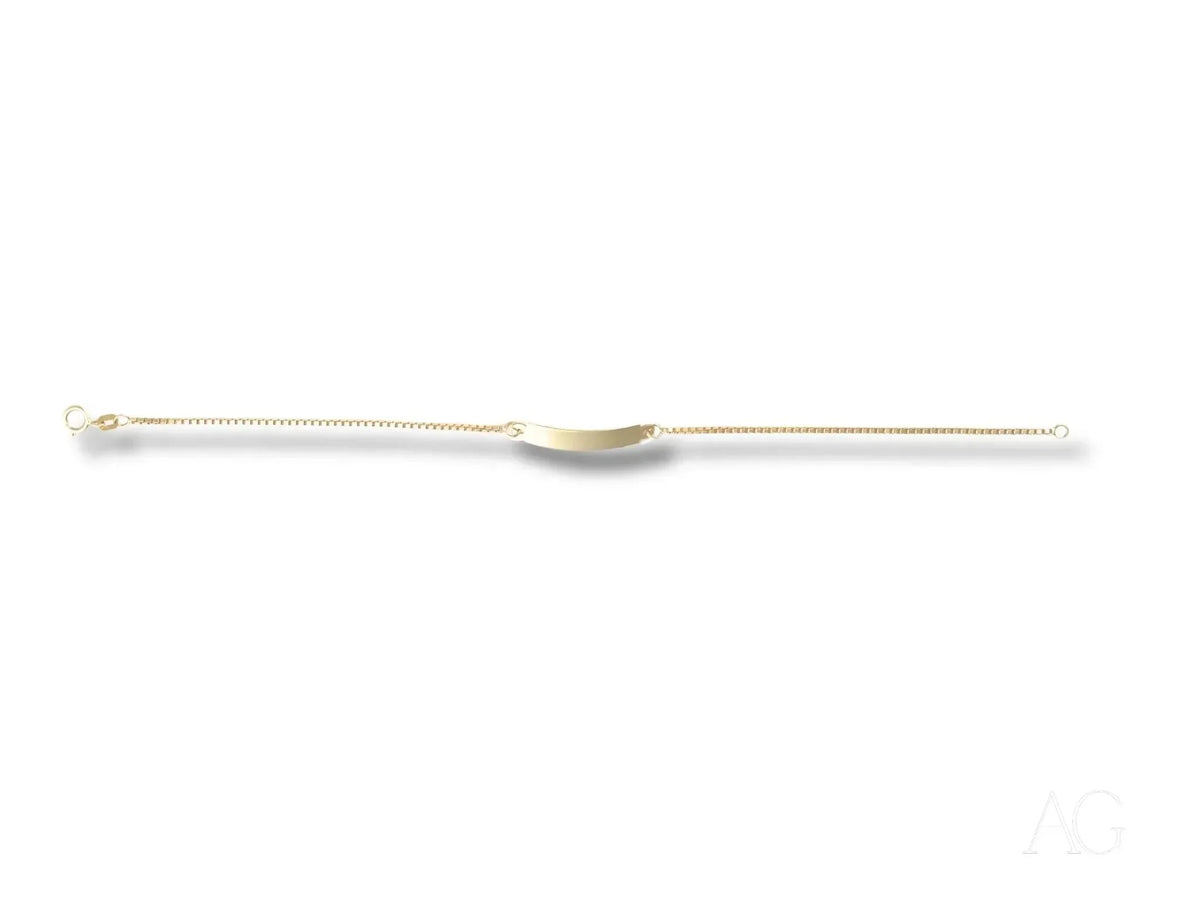 Solid 18k gold kids bracelet with curved ID bar in box link style