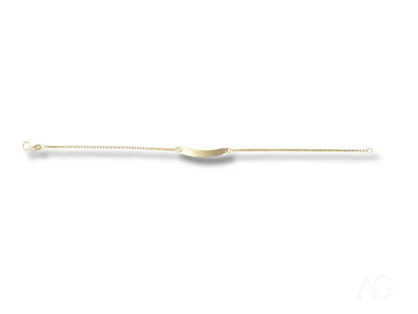 Solid 18k gold kids bracelet with curved ID bar in box link style
