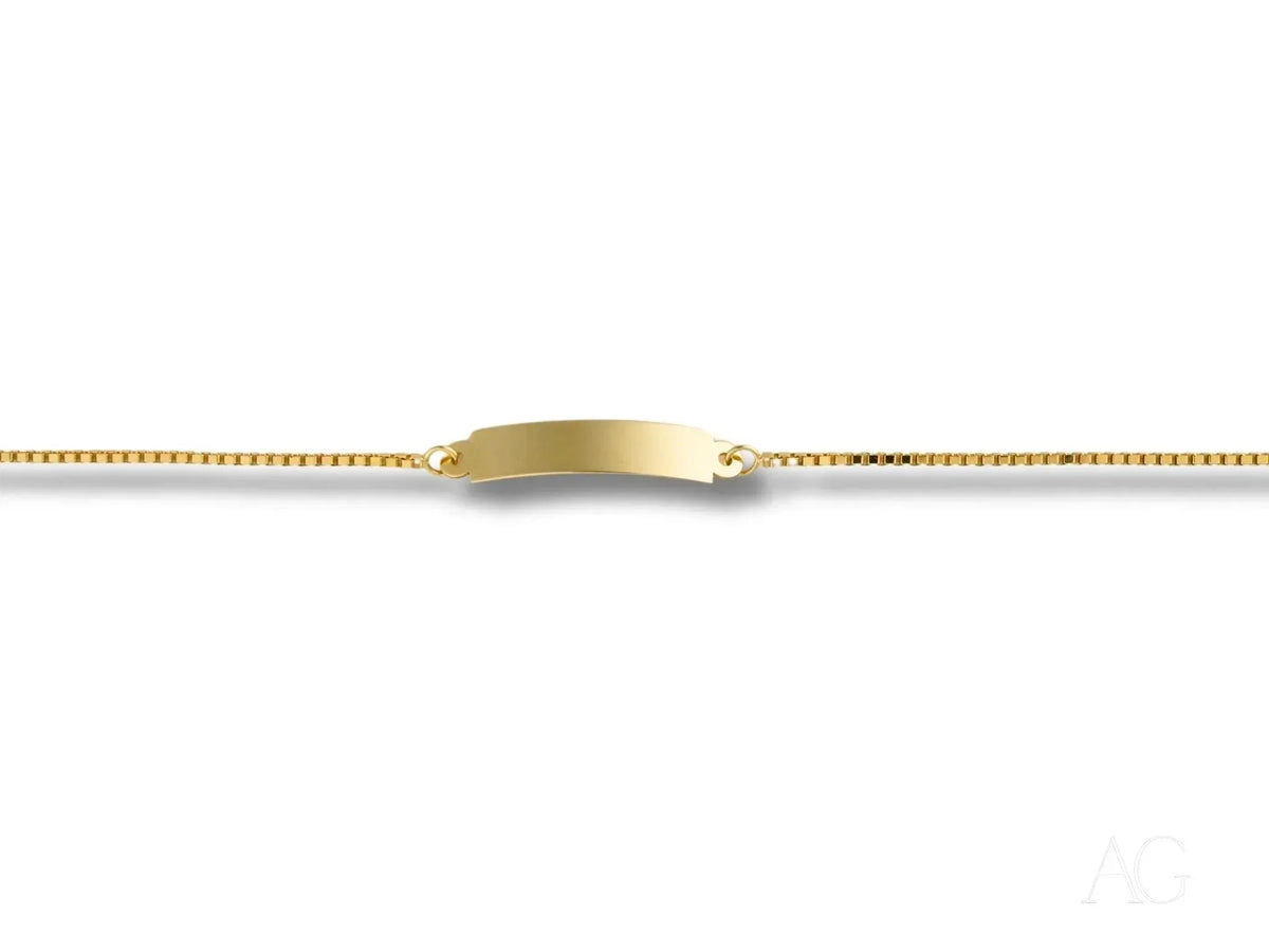 Solid 18k gold kids bracelet with engravable ID plate in box link style