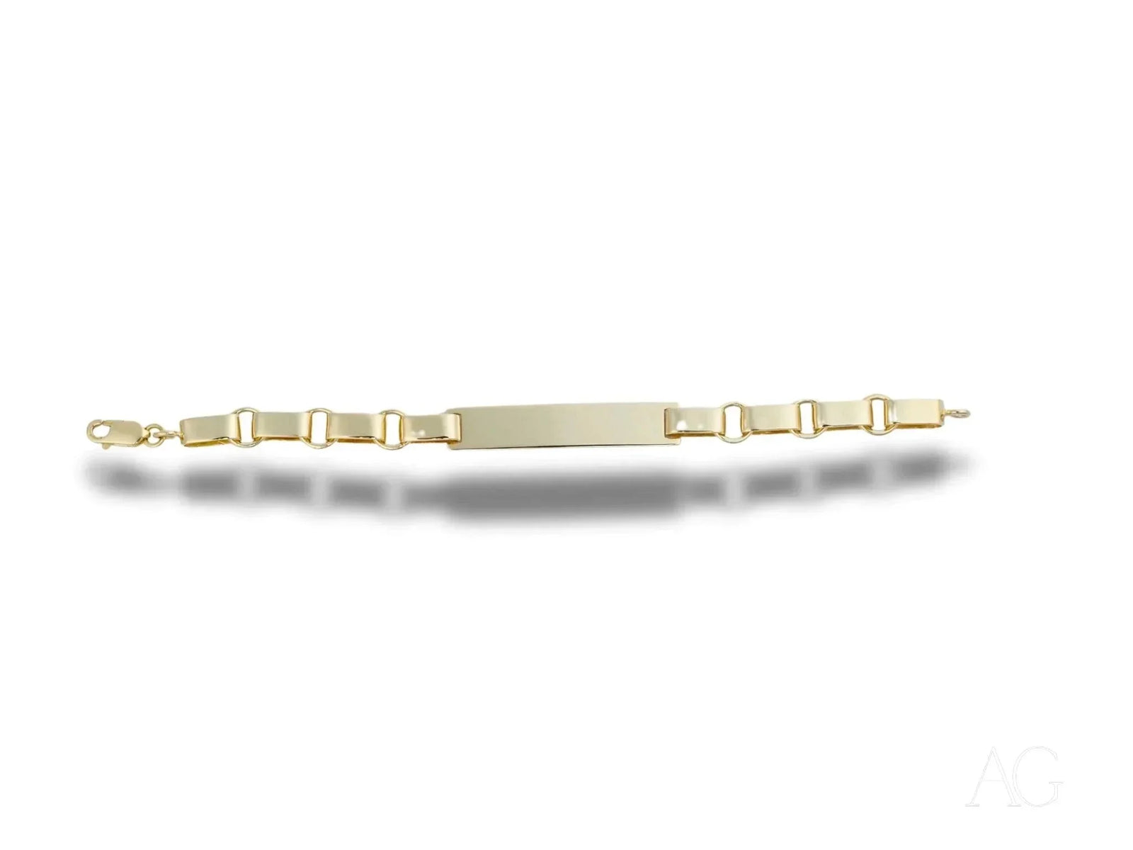 Solid 18k gold kid’s ID bracelet with unique chain links and gold flat plate