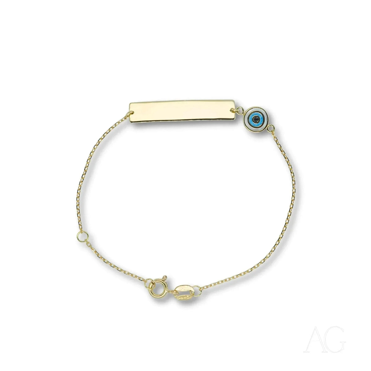 Solid gold kids ID bracelet with evil eye motif and customizable ID plate