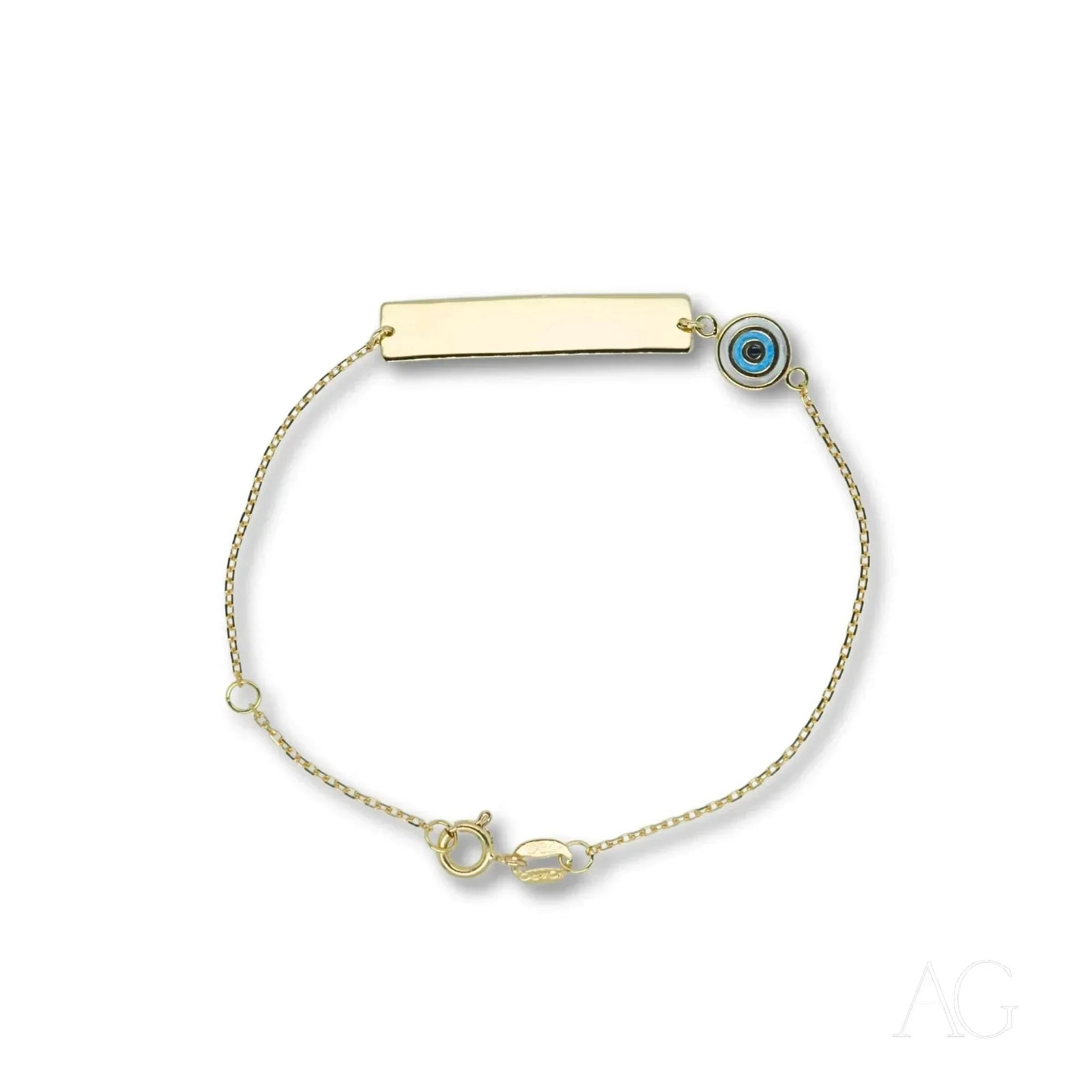 Solid gold kids ID bracelet with evil eye motif and customizable ID plate