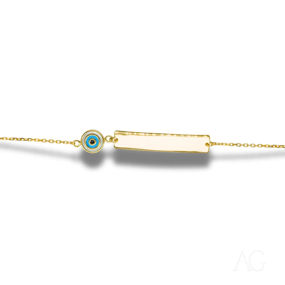 Solid gold kids ID bracelet with evil eye motif and customizable ID plate