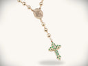 Solid gold rosary necklace with emerald and diamond cross