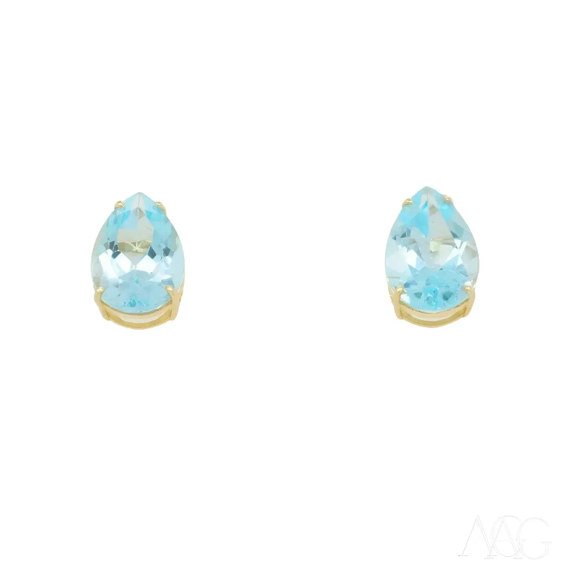 Pair of gold-plated silver earrings with pear aquamarine and blue topaz gems