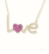 Sparkling Love Necklace: 18k gold with pink pave heart and white letters