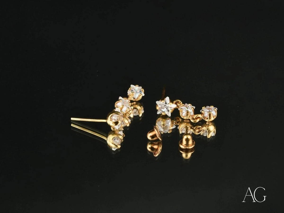 Stars Drop Earrings in Certified 18k Solid Gold with Sparkling Stones