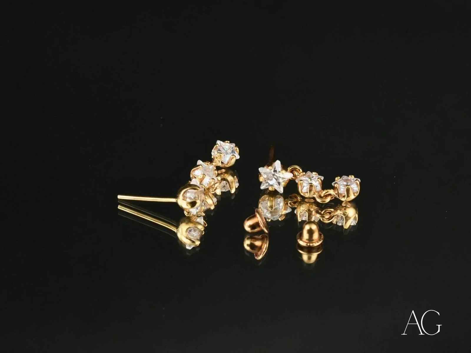 Stars Drop Earrings in Certified 18k Solid Gold with Sparkling Stones