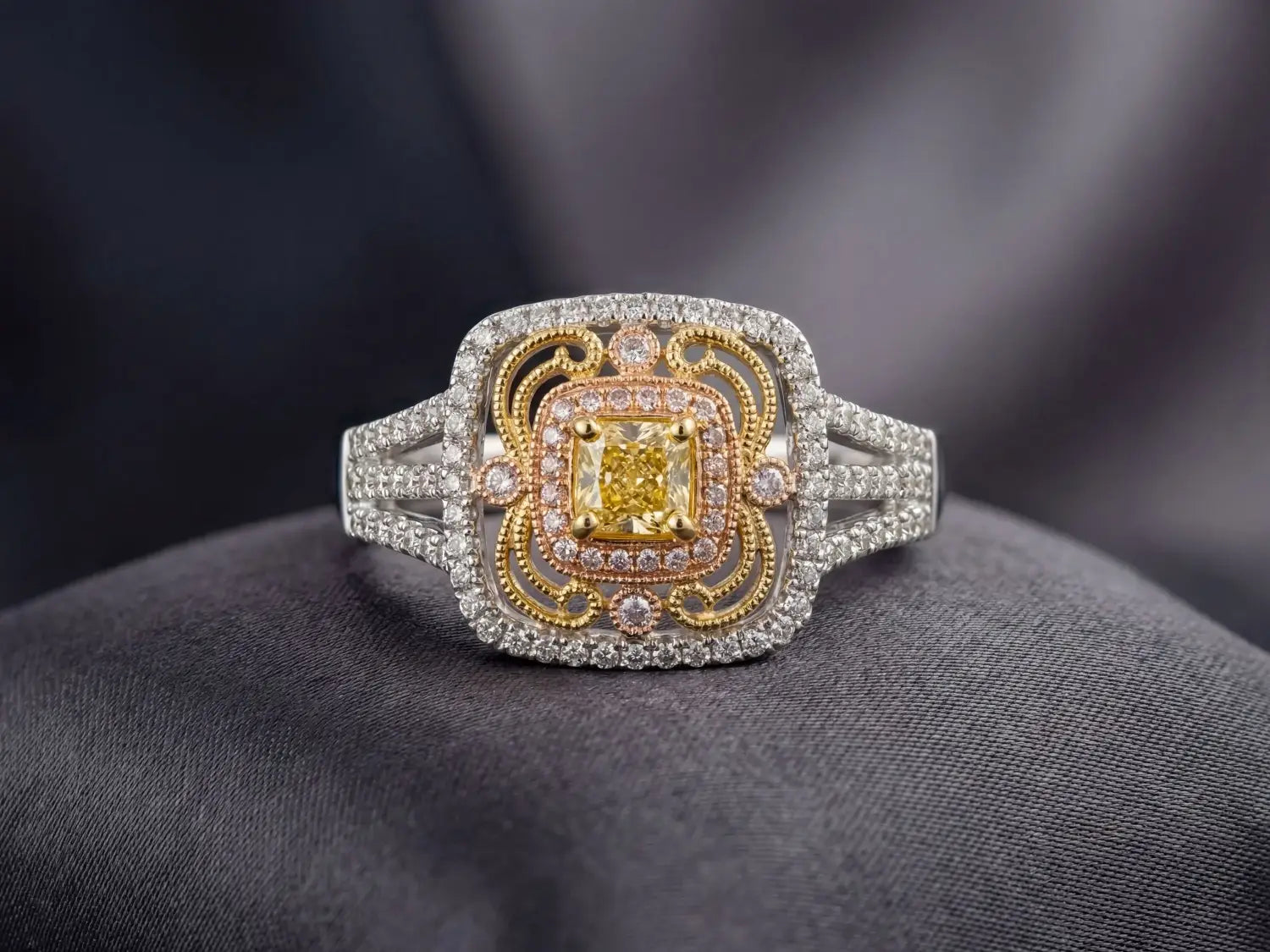 A collection of fine jewelry diamond rings with silver bands featuring various cuts in an ethical heirloom context.