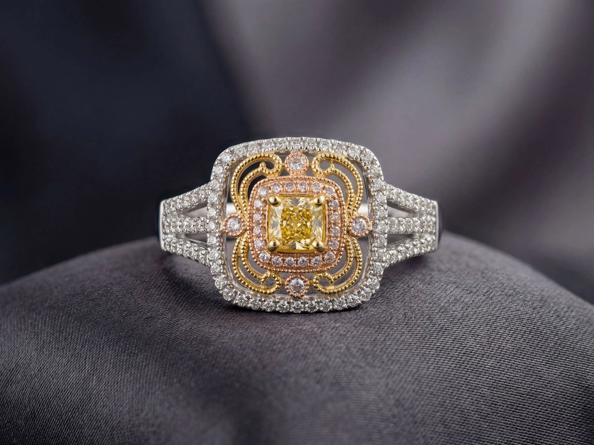 Sunburst halo gold jewelry with radiant yellow diamond center