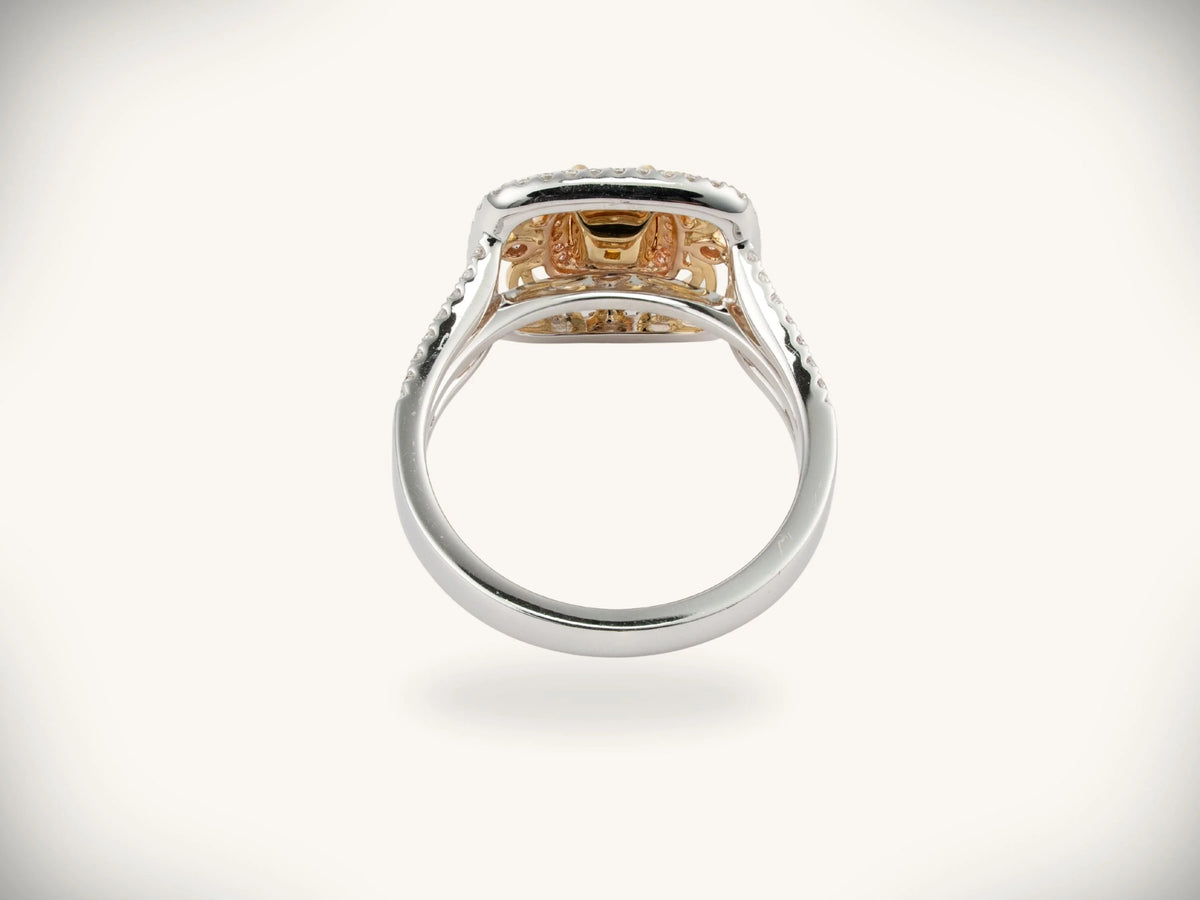 Sunburst halo two-tone gold jewelry with yellow diamond center