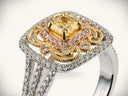 Stunning Sunburst Halo yellow diamond ring with gold filigree and pavé diamonds