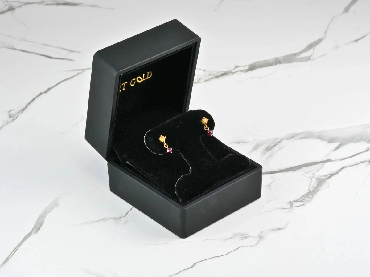 Sunset Duo 18k gold citrine and rubellite earrings in black box