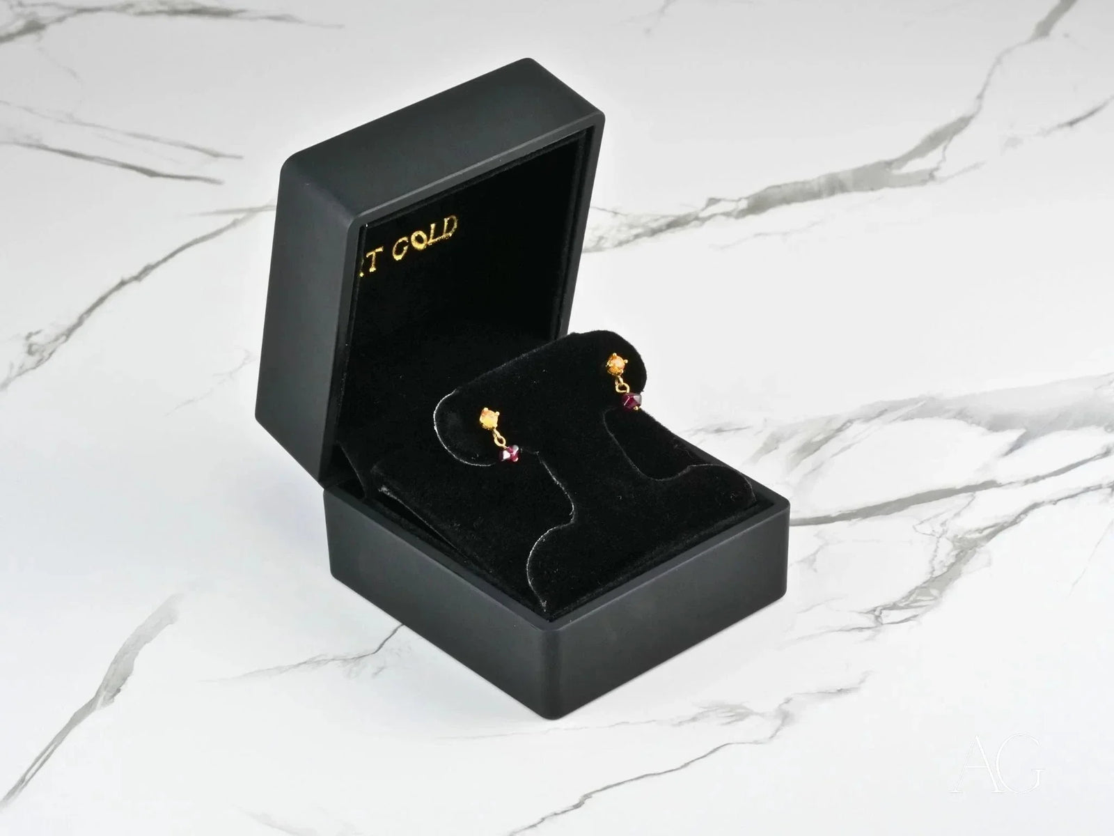 Sunset Duo 18k gold citrine and rubellite earrings in black box