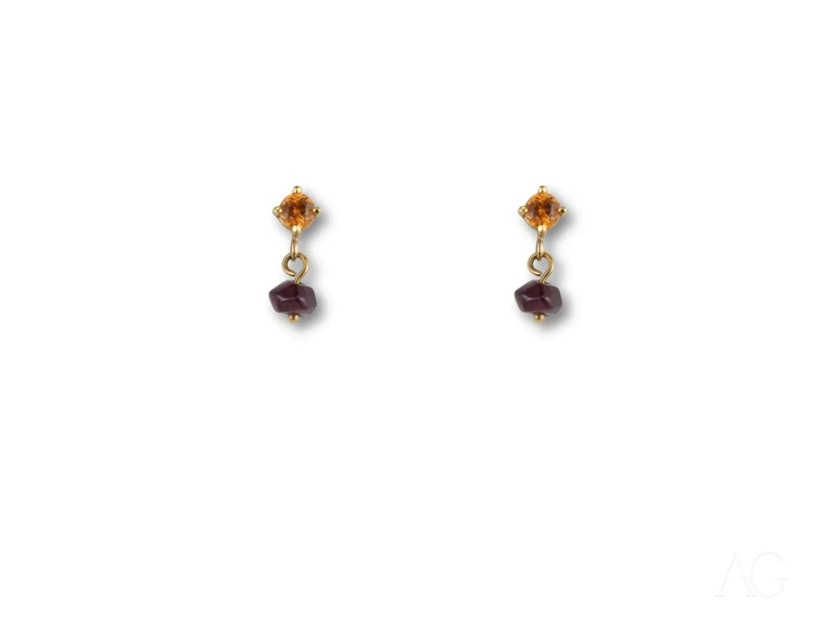 18k gold citrine and rubellite earrings with orange and red gems