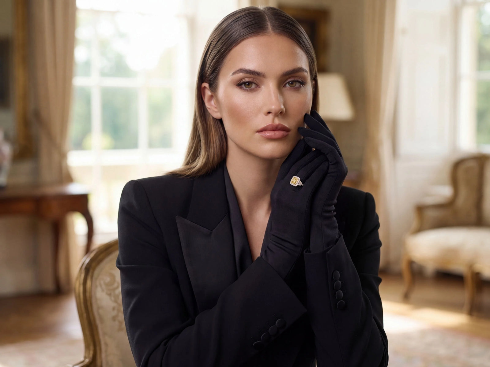 Black satin gloves with sunset halo gold jewelry emblem on wrist