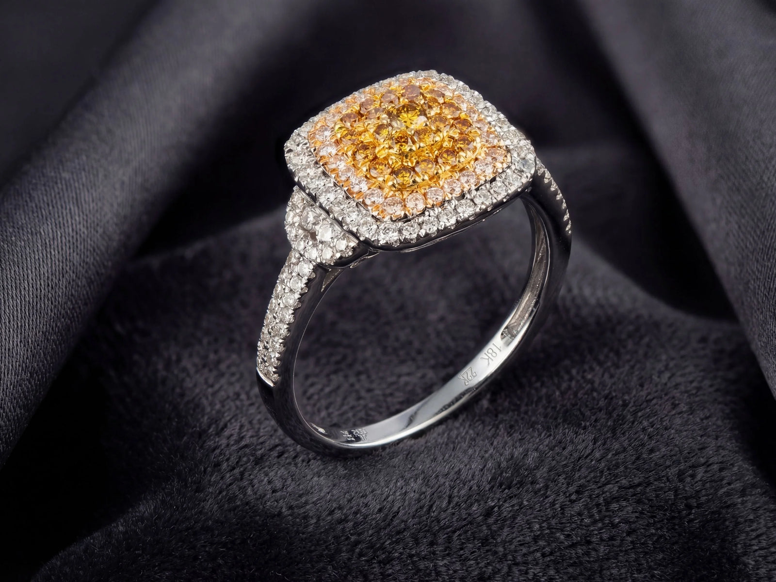 Sunset halo ring with square yellow diamond in white gold