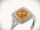 Sunset halo ring with yellow diamonds in white gold
