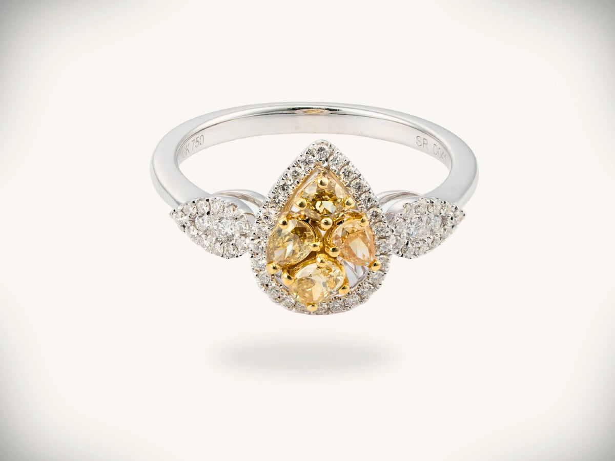 Sunshine Blossom yellow diamond ring, angled view on the hand