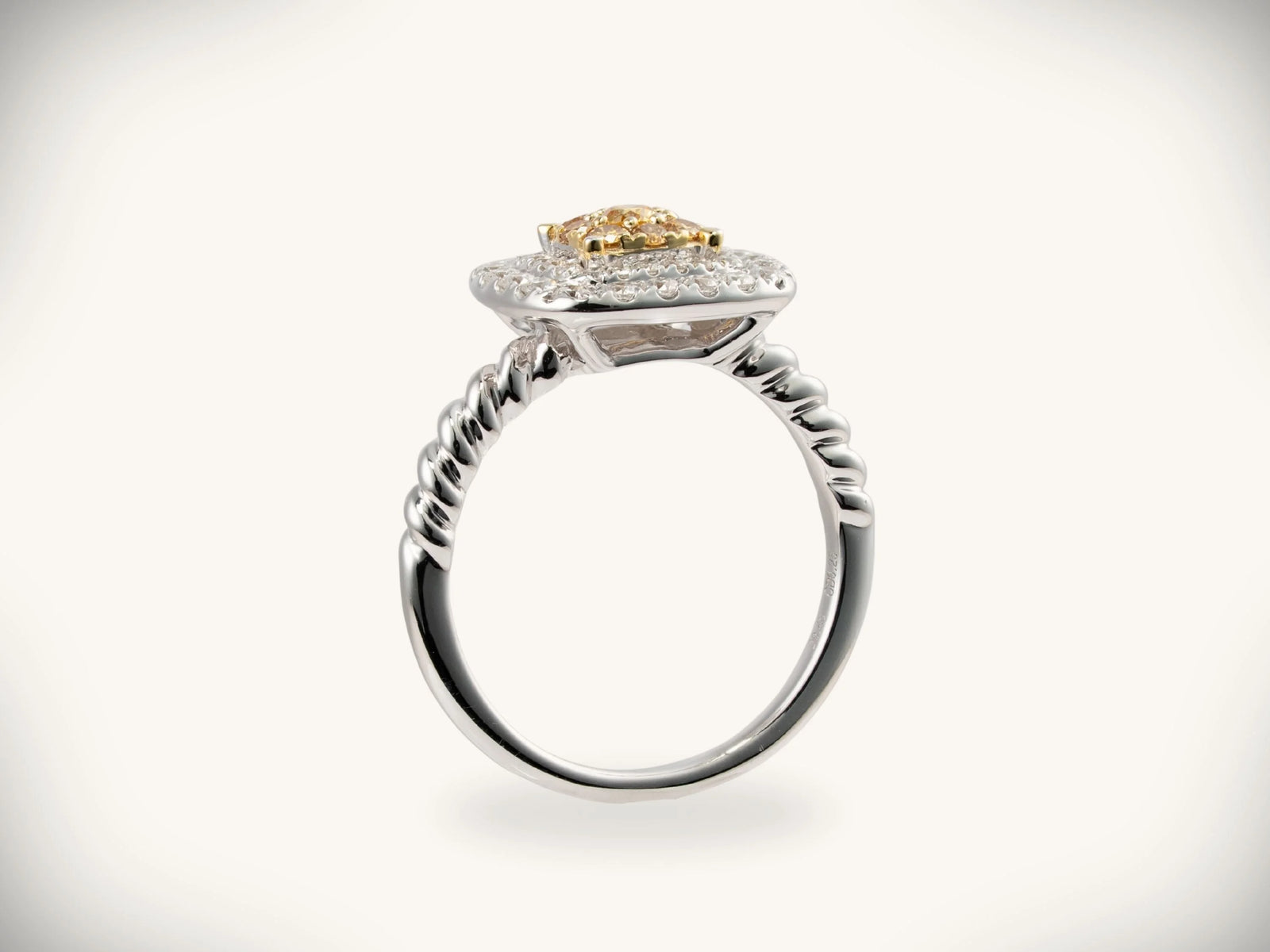 Sunshine Cushion Ring: elegant two-tone white gold with yellow diamond halo