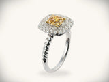 Sunshine cushion ring with radiant yellow diamond halo in white gold