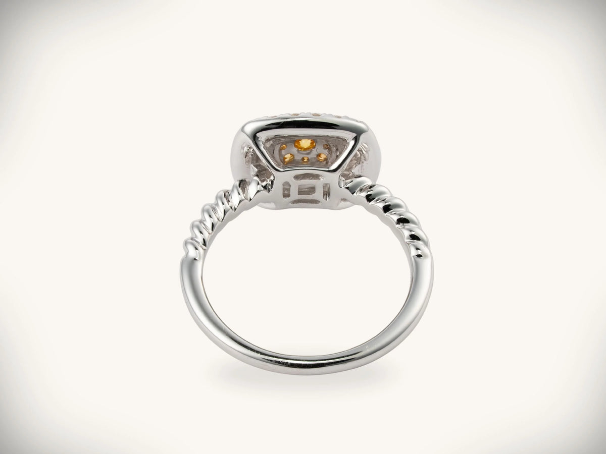Sunshine cushion white gold ring with twisted band and yellow gemstone