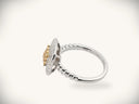 Sunshine cushion ring with yellow gem, white diamonds in white gold band