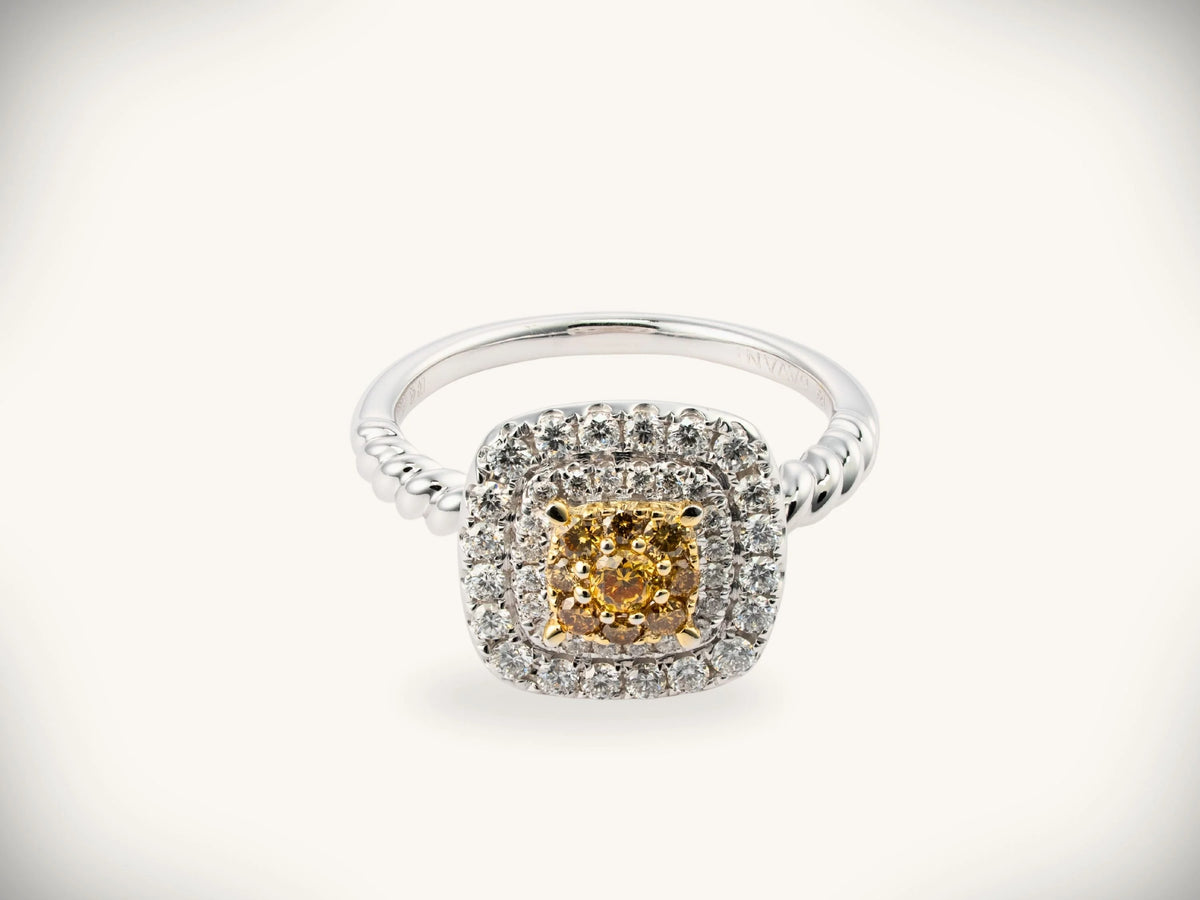 A stunning yellow diamond ring with a square-cut center stone surrounded by two concentric rows of sparkling white diamonds, set in a sleek silver band featuring a twisted design.
