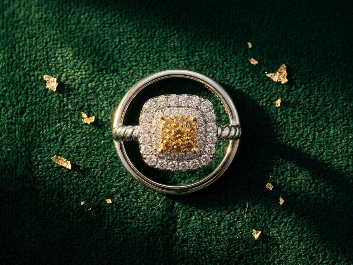 Sunshine cushion yellow diamond ring in white gold with halo