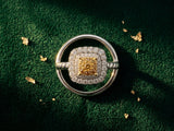 Sunshine cushion yellow diamond ring in white gold with halo