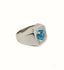 Men’s white gold ring featuring a Swiss Blue Topaz center stone and baguette diamonds