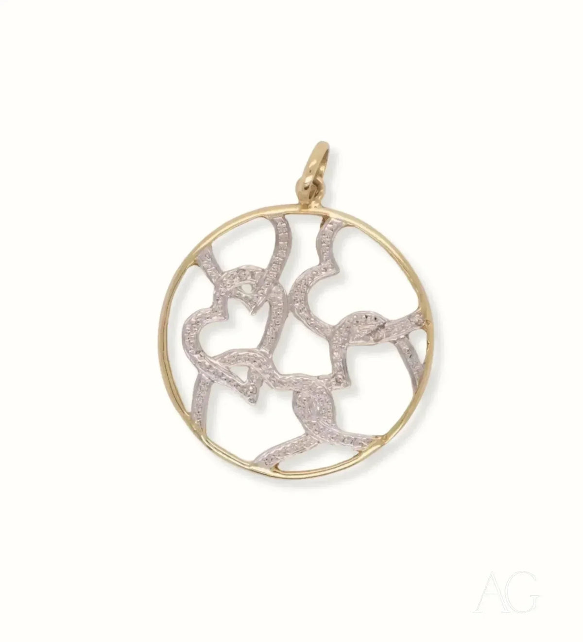 18k solid gold hearts pendant with diamond accents in art gold jewelry design