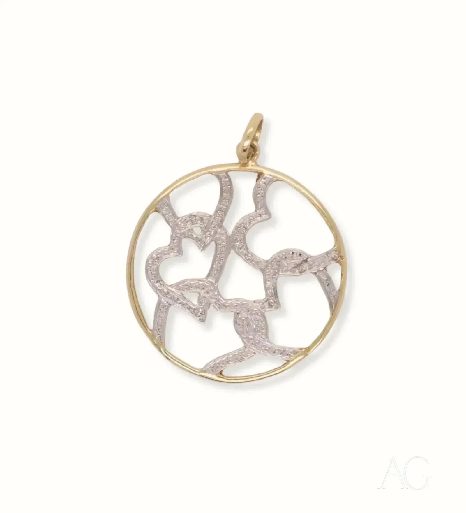 18k solid gold hearts pendant with diamond accents in art gold jewelry design