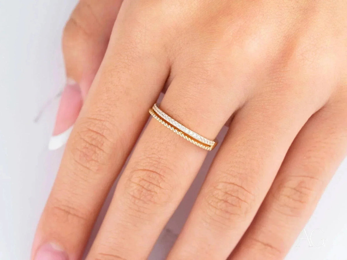 18k yellow gold cz half-round ring with diamond rows