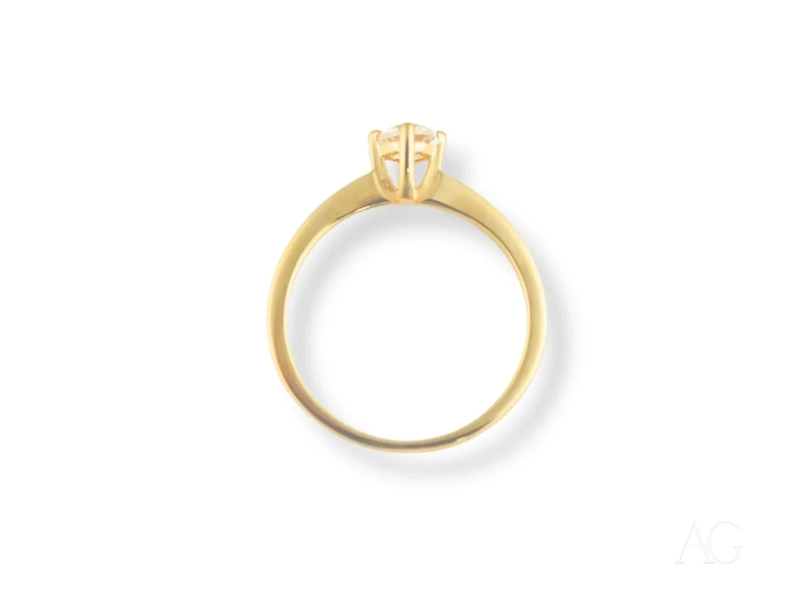 18k yellow gold solitaire ring with round cubic zirconia, side profile view