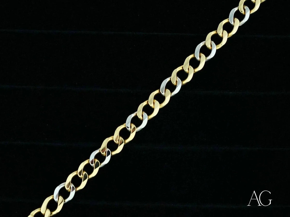 Men’s 18k white gold flat cuban link bracelet with two-tone curb chain
