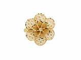 Top-down view of 18K gold flower ring with openwork lattice petals arranged in concentric layers