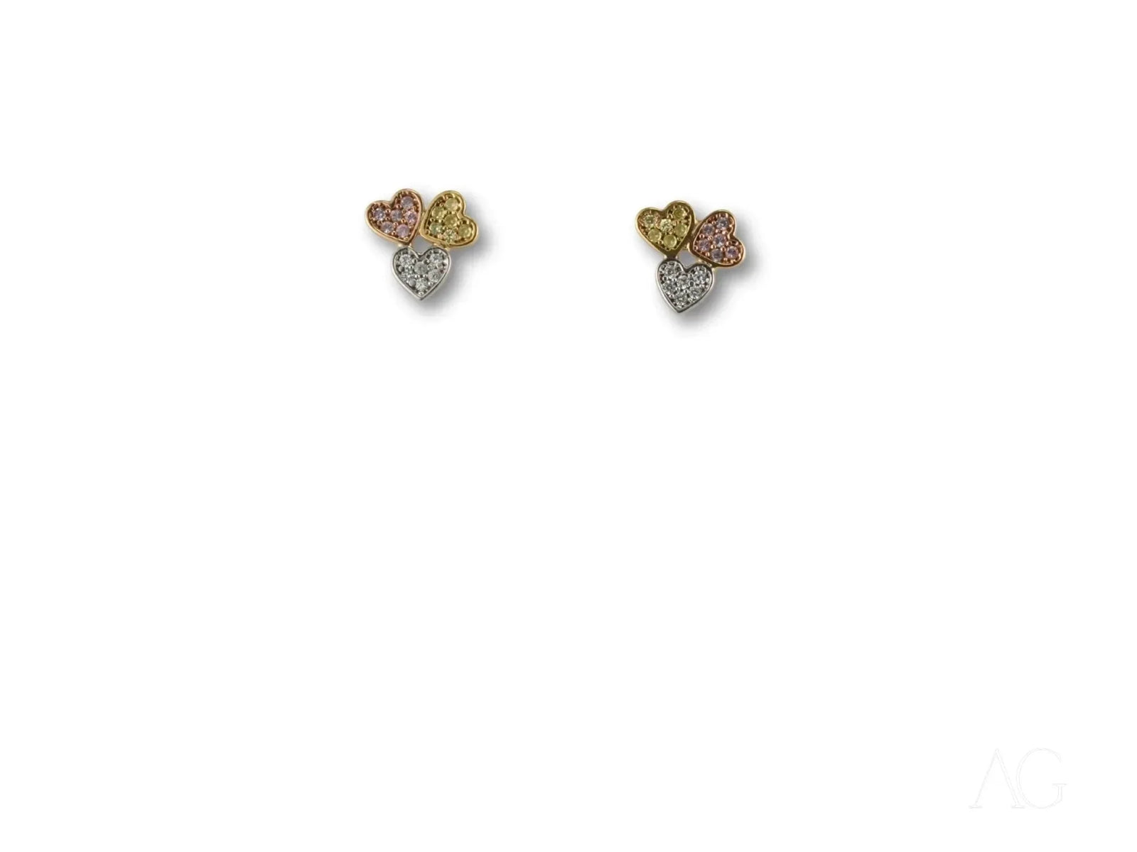 Trio Harmony 18k gold three-tone heart-shaped tri-color diamond cluster stud earrings