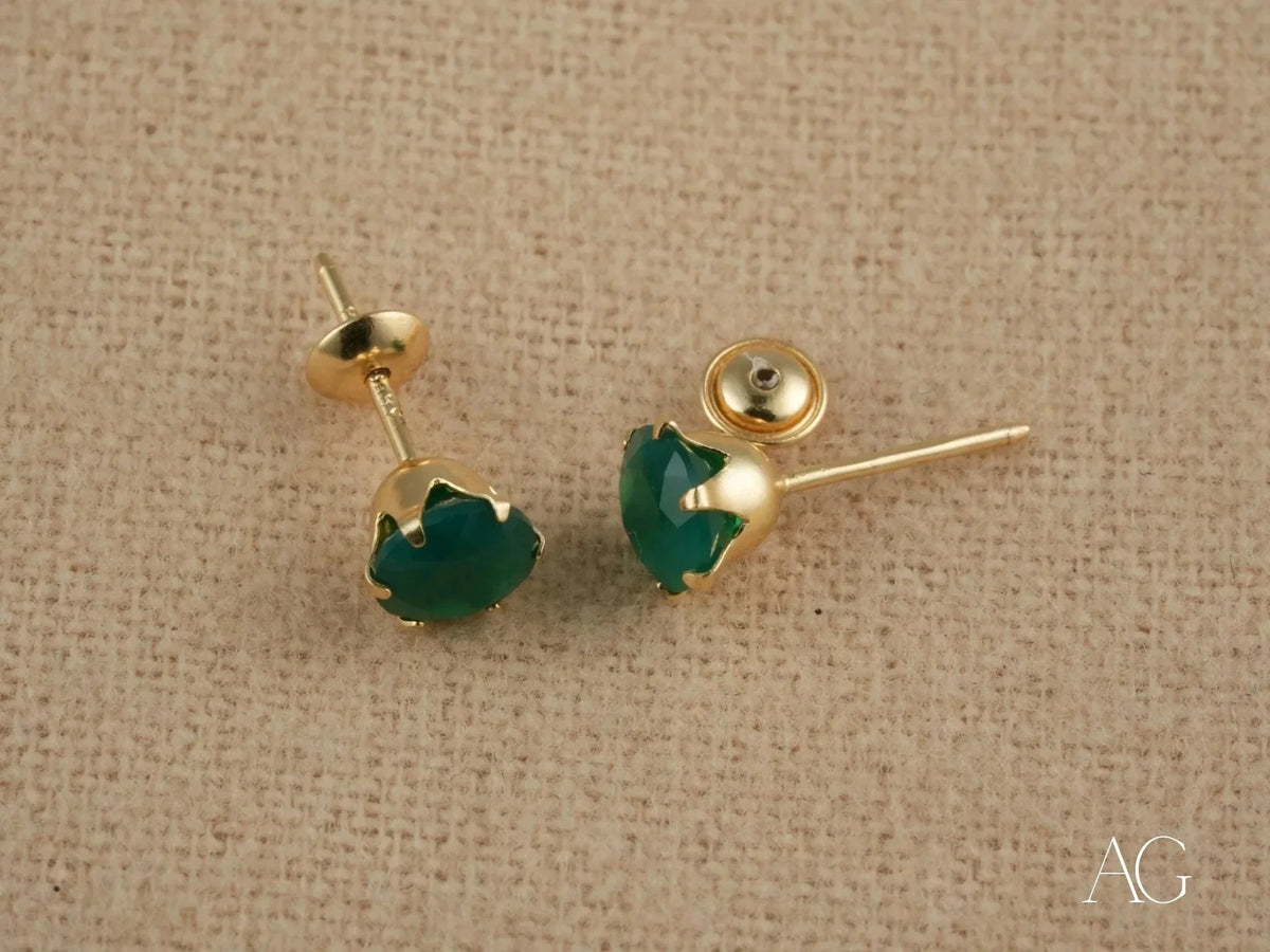 Verdant Sparkle 18k gold green CZ stud earrings with heart gemstones