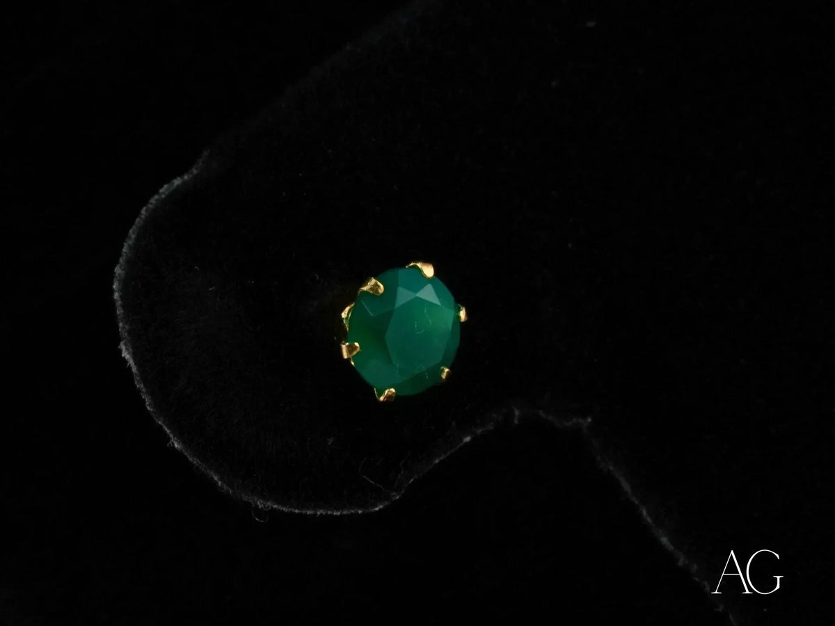 Verdant Sparkle 18k gold green CZ stud earrings with faceted round gem