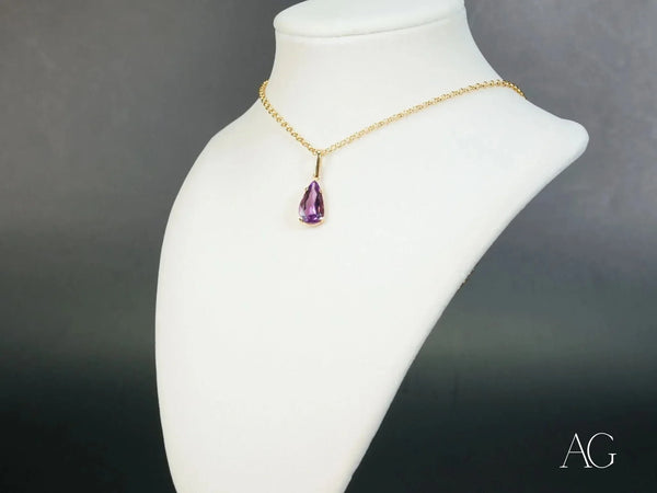 Violet Bloom Pendant: 18K solid gold amethyst necklace with pear-shaped purple gem